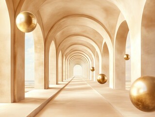 A serene corridor with arches and floating golden spheres, evoking tranquility and elegance.