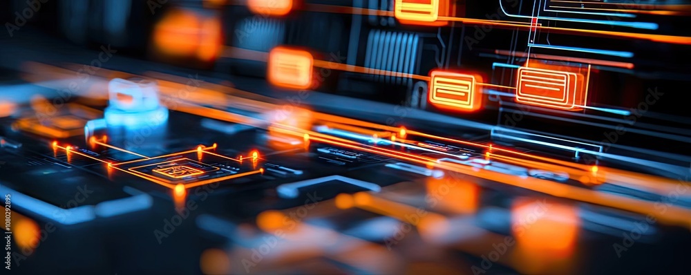 Poster futuristic technology interface with vibrant neon lights and dynamic buttons.