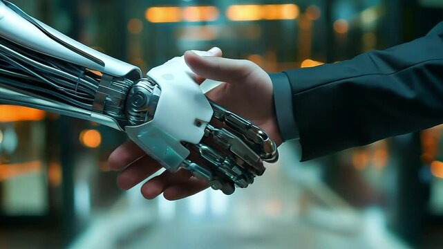 A robotic hand and a human hand shaking hands in a gesture of partnership, symbolizing collaboration in business, representing a fusion of technology and humanity	
