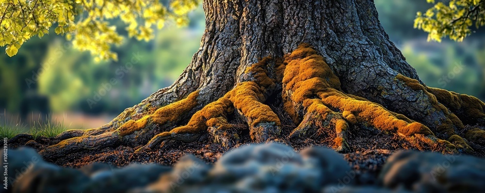 Poster a close-up view of a tree trunk and roots, showcasing texture and vibrant moss.