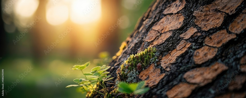 Poster Close-up of tree bark with moss and sunlight filtering through the forest.