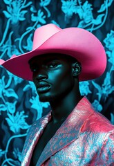 Man in pink cowboy hat on floral background	