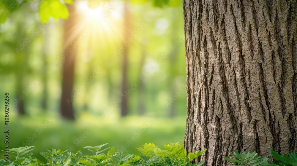 Poster close up of a tree trunk with sun rays shining through lush green foliage.