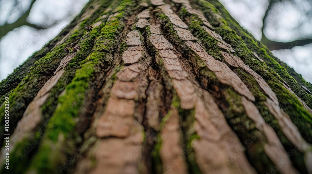 Poster detailed view of tree bark with moss on a white isolated background.