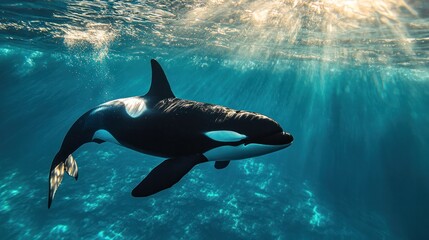 Obraz premium an orca whale swimming just beneath the surface, with its sleek body partially visible, showcasing its powerful muscles and the