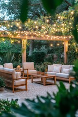 Obraz premium Picture a serene and tranquil garden that features comfy seating arrangements and gentle lighting, establishing an ideal ambiance for entertaining friends and family during lovely summer evenings