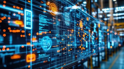 Obraz premium Futuristic digital interface with glowing data connections and analytics display.