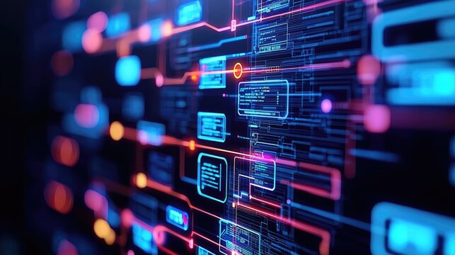 Futuristic digital circuit board in vibrant colors, isolated on a dark background.