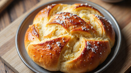 Golden challah bread with powdered sugar - perfect for food blogs, bakery websites, Jewish holiday recipes, or culinary photography portfolios