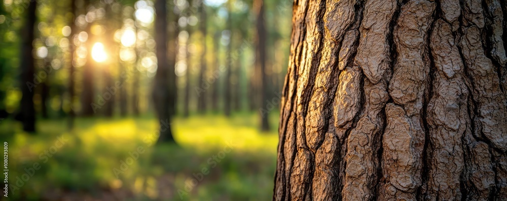 Poster close-up of tree bark with sunlight filtering through forest, soft focus background.