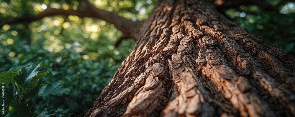 Poster close-up view of textured tree bark in a lush green environment.