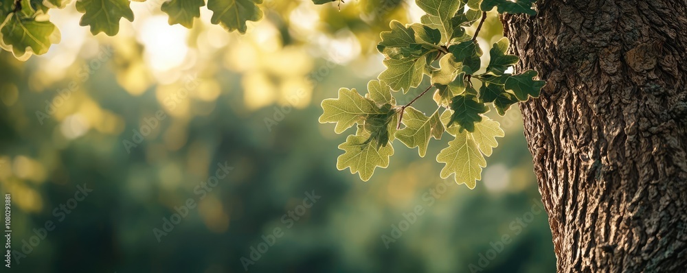 Poster close-up of green leaves on a tree trunk with soft sunlight illuminating the scene.