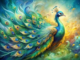 Fototapeta premium Vibrant Watercolor Peacock Clipart in Long Exposure Style for Generative AI Art, Showcasing Colorful Feathers and Fluid Movement Against a Soft Background