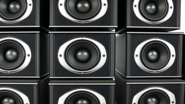 A wall of black speakers with silver accents, stacked and ready to deliver powerful sound