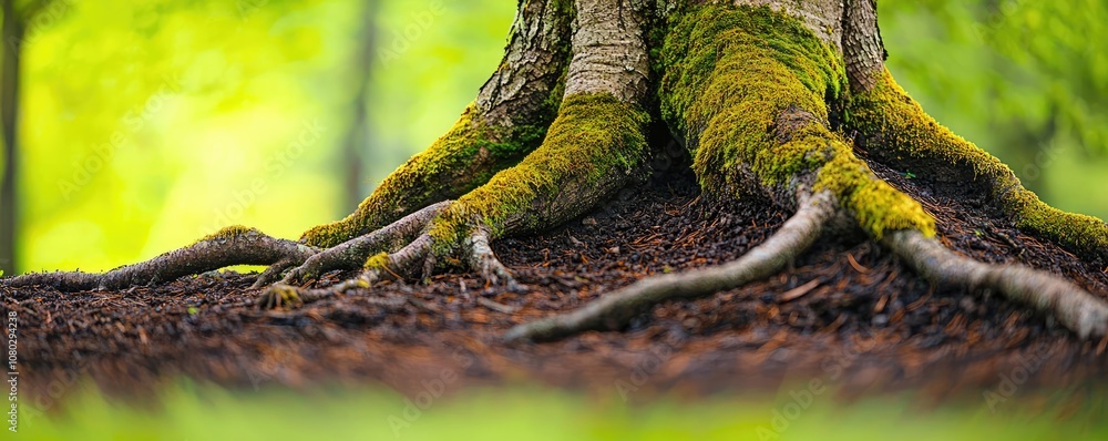Poster close-up of a moss-covered tree trunk and roots in a lush forest setting.