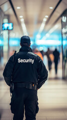 Ensuring safety and professionalism: a security guard patrols a public building with vigilance