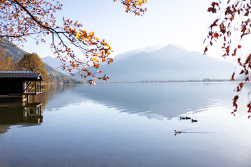 Autumn landscape. Beautiful lake Zell in the mountain scenery. Austrian Alps