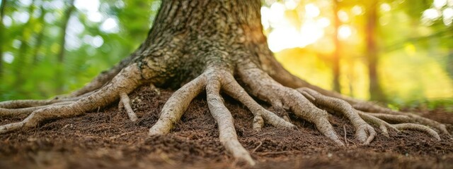 Fototapeta premium Close-up of tree roots in soil with sunlight in the background, nature and tranquility.