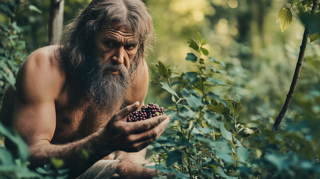 A rugged man with a long beard forages for wild berries in a forest, emphasizing survival, nature, and self-sufficiency in a wilderness setting.