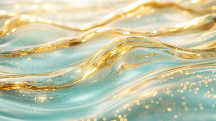 Abstract golden and turquoise liquid waves with glittering light, creating a flowing, elegant texture.
