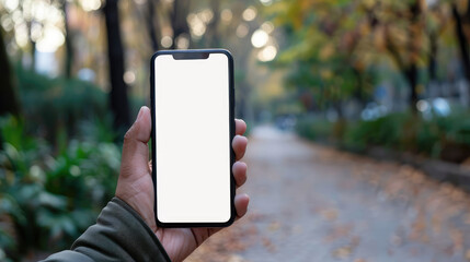 person holding smartphone with blank screen in park setting, surrounded by autumn foliage and pathway. scene conveys sense of tranquility and nature