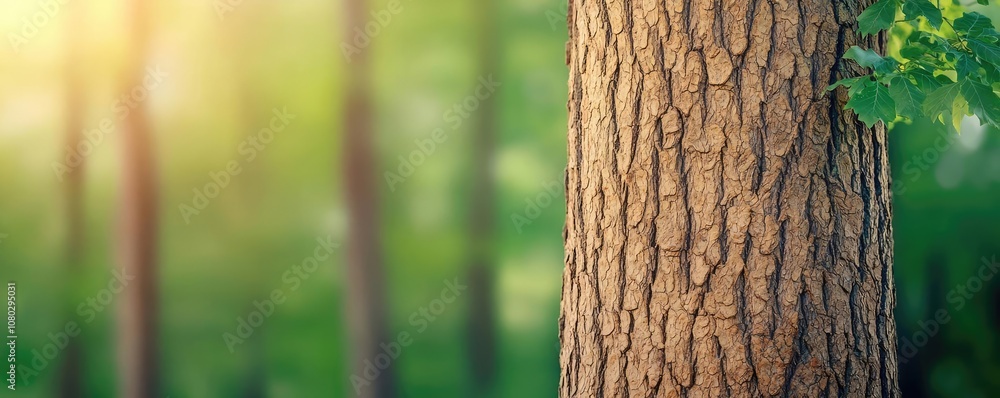 Poster close-up of tree bark with sunlight filtering through lush foliage.