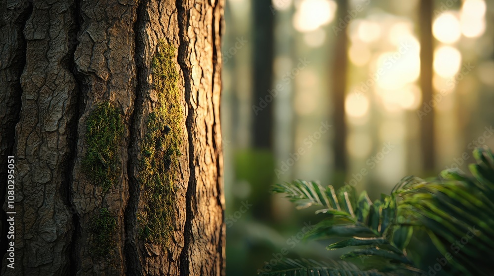 Aufkleber tree bark close-up in a forest with soft sunlight filtering through foliage.
