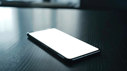 sleek smartphone with blank screen rests on dark wooden table, showcasing modern design and minimalism. soft lighting enhances elegant look of device