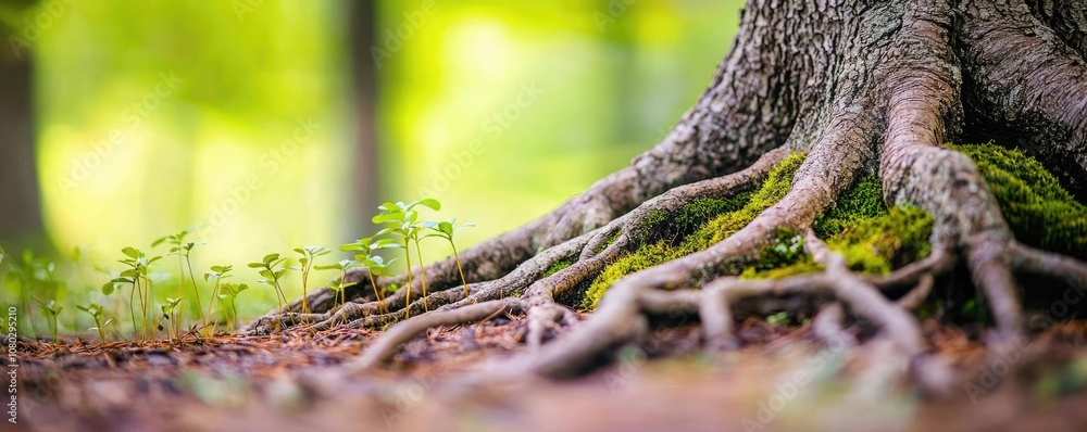 Poster close-up of tree roots with moss in a vibrant green forest.