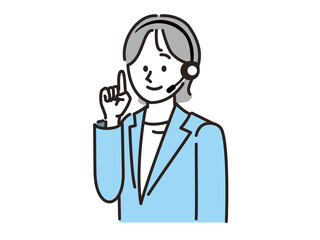 人差し指を立てているコールセンターの女性