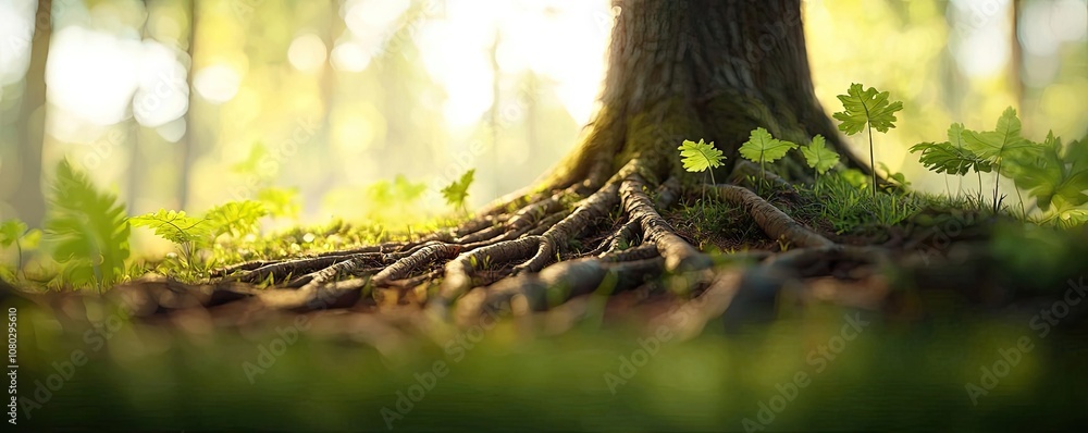 Poster tree roots in lush greenery with sunlight filtering through leaves
