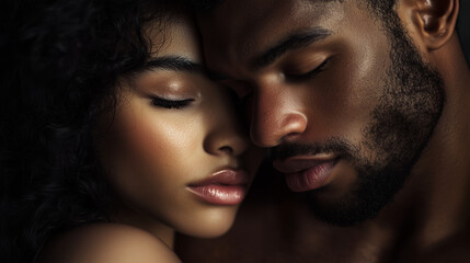 Couple in an amorous embrace under soft intimate lighting