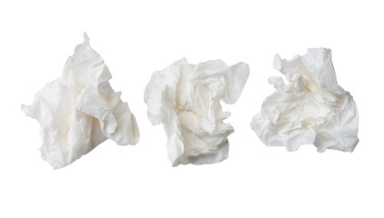 Top view set of screwed or crumpled white tissue paper ball isolated with clipping path in png file...