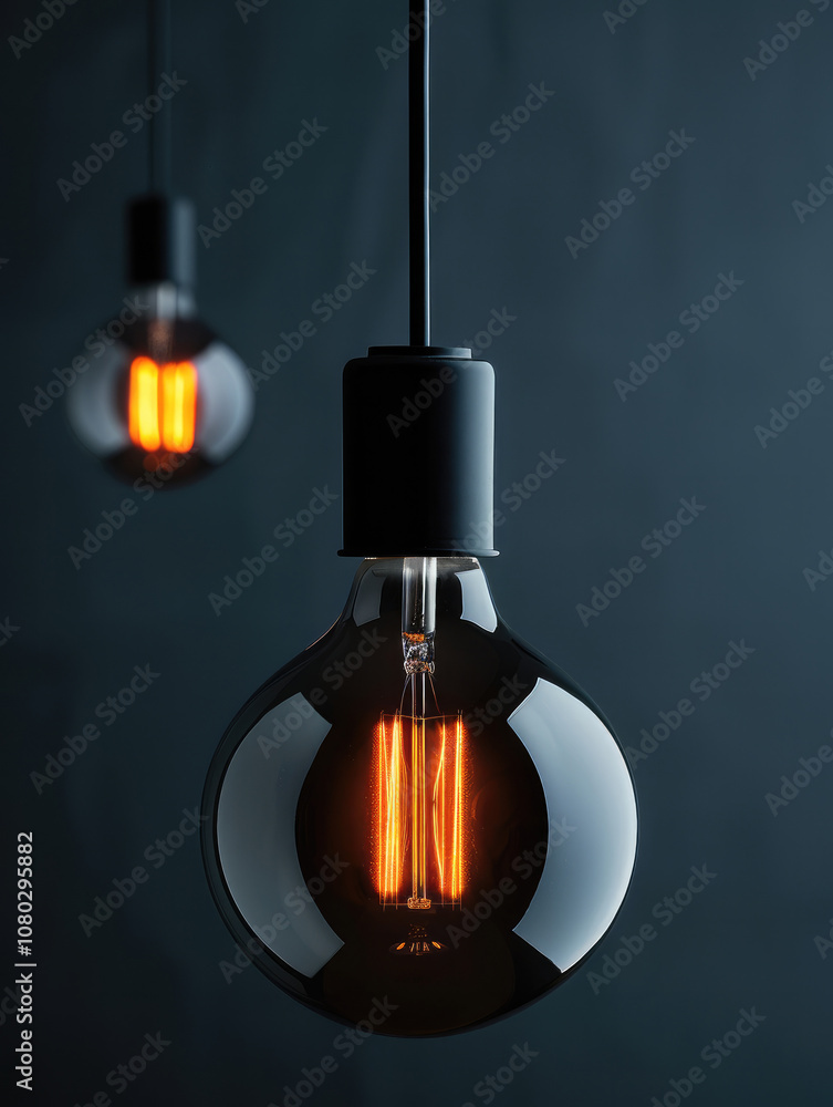 Poster a black light bulb emphasizing its smooth, glossy surface with a visible orange filament glowing at 
