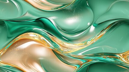 Abstract liquid waves: green and gold fluid art with shimmering details