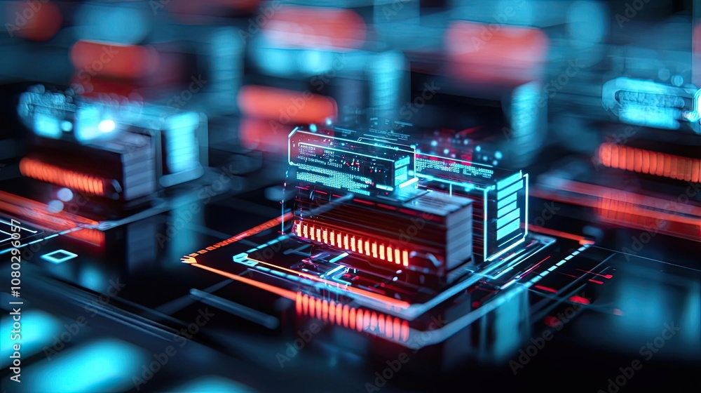 Poster futuristic circuit board with glowing components in blue and red colors.