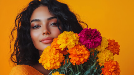 Naklejka premium Young woman with closed eyes enjoying the scent of vibrant flowers, creating a serene and joyful moment against a bright orange background.