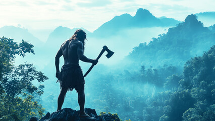 Silhouette of a prehistoric warrior holding an axe, standing in a misty forest landscape, evoking a sense of primal strength, survival, and untamed wilderness.