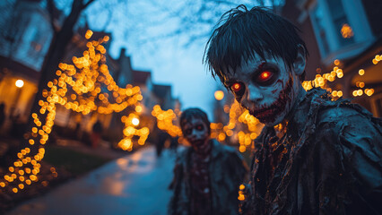 Zombie figures with glowing eyes, creepy Halloween atmosphere at dusk