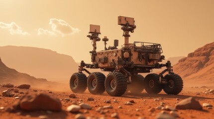 Advanced Six-Wheeled Rover Exploring a Dusty Rocky Terrain