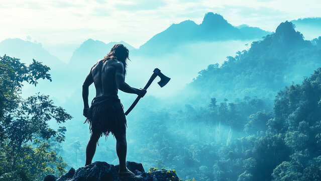Silhouette of a prehistoric warrior holding an axe, standing in a misty forest landscape, evoking a sense of primal strength, survival, and untamed wilderness.