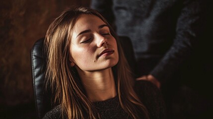 Fototapeta premium Relaxation session in a cozy setting with a young woman enjoying a tranquil moment in a chair during the evening hours