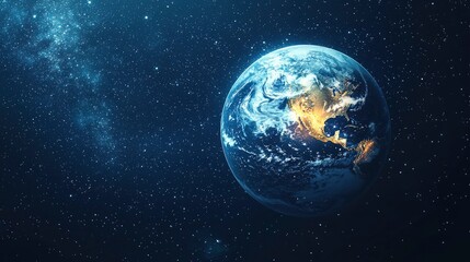 A stunning view of Earth from space showcasing continents and oceans against a starry backdrop in a serene cosmic setting