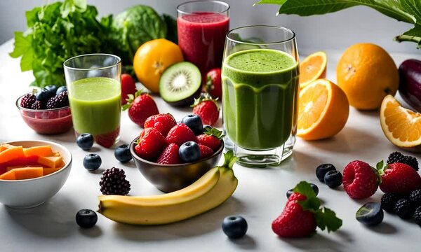 Fresh fruits and smoothies with a mix of strawberries, papaya, bananas, blueberries, kiwi, and oranges.