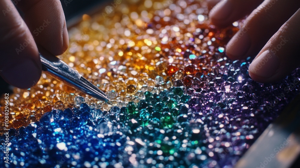 Poster a person is working with a pile of colorful gems