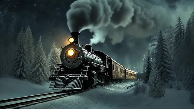 A steam engine train chugs through a snowy forest on a dark winter night