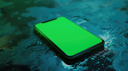 smartphone with green screen on textured surface, ideal for mockups and designs. vibrant color adds modern touch to composition