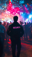 Security guard working at a concert, ensuring safety and order among the crowd enjoying the colorful light show