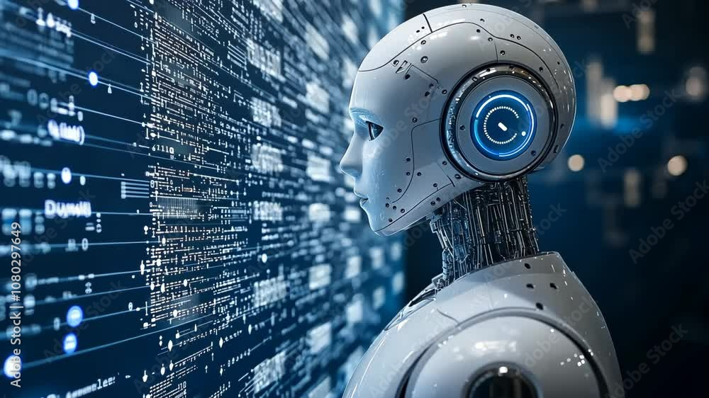 Poster a white humanoid robot looks intently at a screen displaying lines of code
