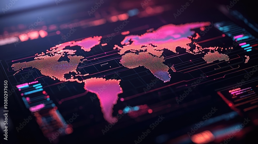 Poster abstract world map with vibrant colors on a digital interface background.